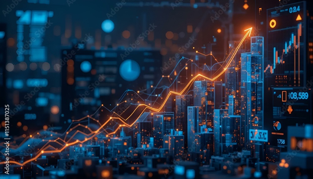 Futuristic financial chart depicting growth trends over a glowing city skyline Futuristic financial chart depicting growth trends over a glowing city skyline