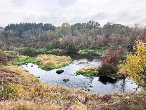 Autumn view of the river and white wooden bridge, Murmuliu, Panevezys, Naujamiestis photo