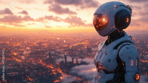 futuristic robot Afuturistic robot AI of futuristic city with sunset light and aerial view metropolis city I of futuristic city  photo