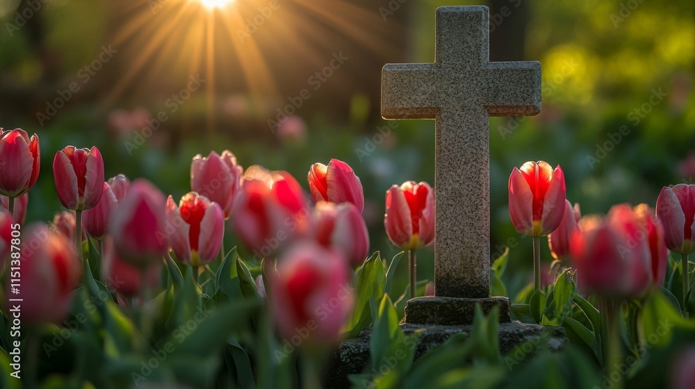 Stone Cross Among Pink Tulips In Sunset Light Stone Cross Among Pink Tulips In Sunset Light