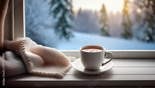 Winter scene with warm cup of coffee by window with nature forest landscape. Hot drink in cold season photo