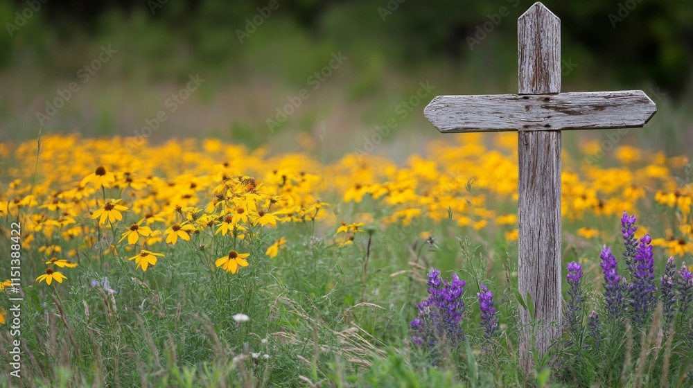 Wooden Cross Stands In A Field Of Yellow Flowers Wooden Cross Stands In A Field Of Yellow Flowers