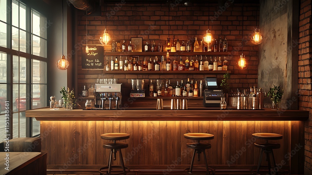 A stylish rustic bar with a wooden counter polished to perfection, vintage barstools with intricate details, warm Edison bulb lights hanging above, and a soft glow filling the cozy space, hd quality, A stylish rustic bar with a wooden counter polished to perfection, vintage barstools with intricate details, warm Edison bulb lights hanging above, and a soft glow filling the cozy space, hd quality,