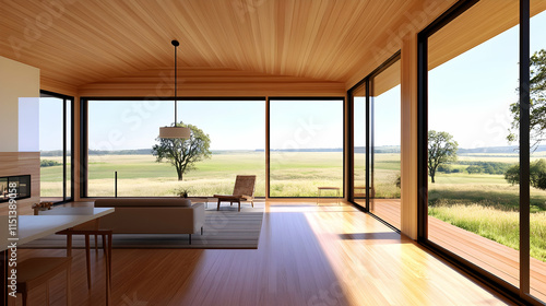 Wallpaper Mural Modern minimalist home interior, panoramic rural view, sunny day, architectural design, real estate. Torontodigital.ca