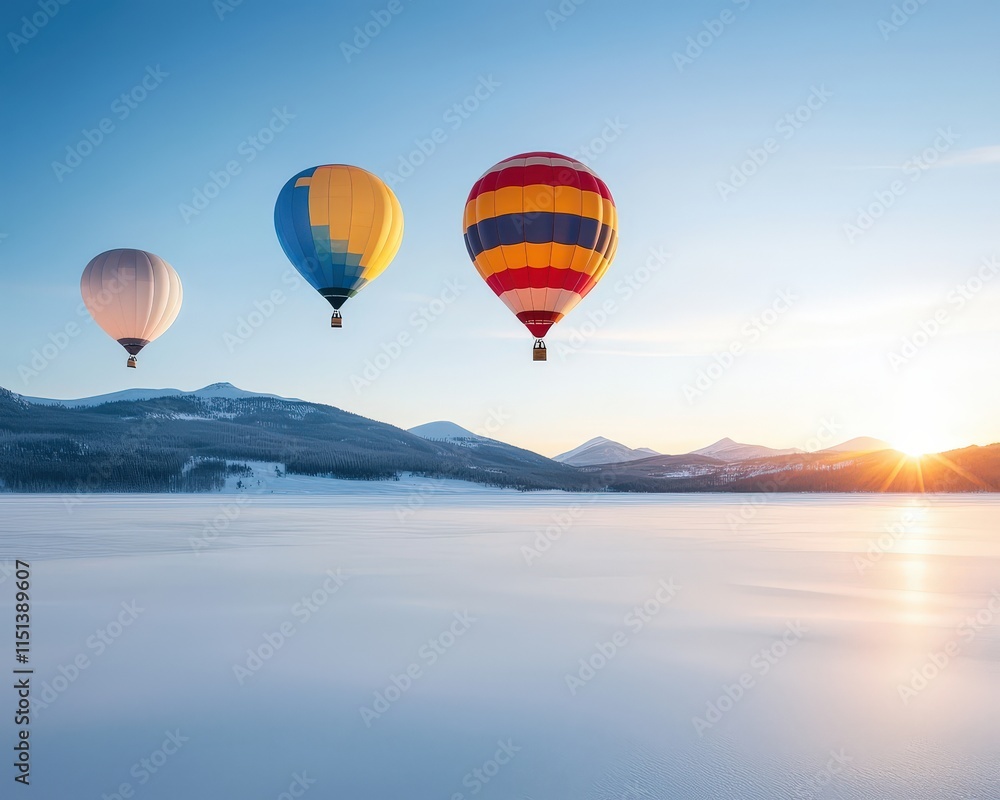 Fototapeta premium Colorful Hot Air Balloons Over Tranquil Winter Landscape