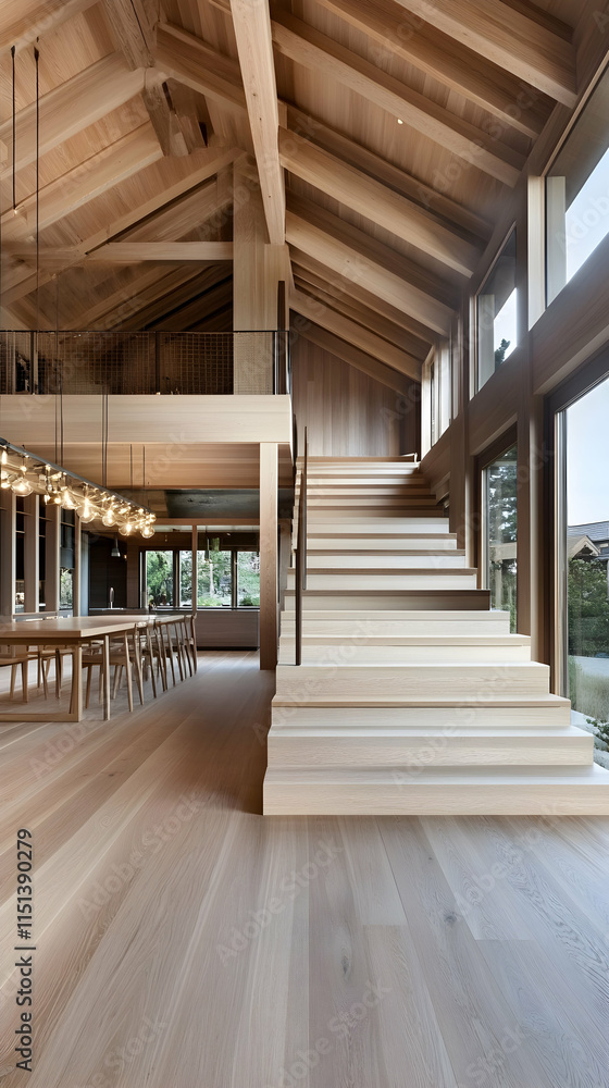 Modern wooden staircase in chalet, mountain view, dining area, home design. Modern wooden staircase in chalet, mountain view, dining area, home design.