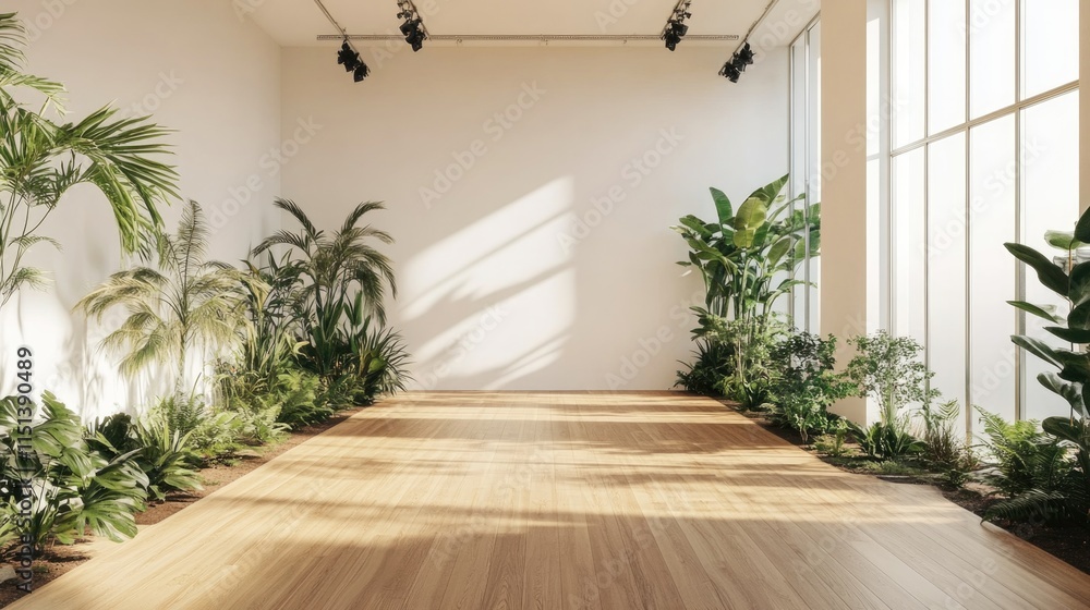 Empty white room with a wooden floor and plants Empty white room with a wooden floor and plants