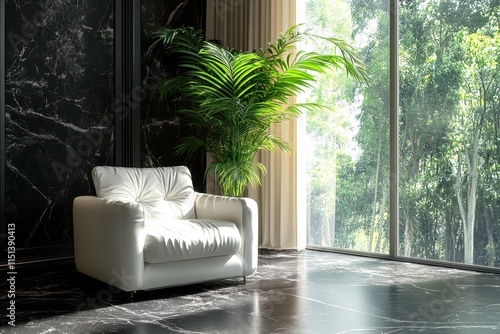 Luxurious white armchair in modern room with marble walls and large window overlooking lush green landscape.