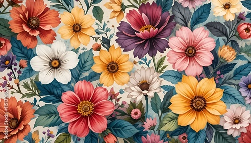 Vibrant floral pattern featuring a variety of colorful flowers on a textured background
