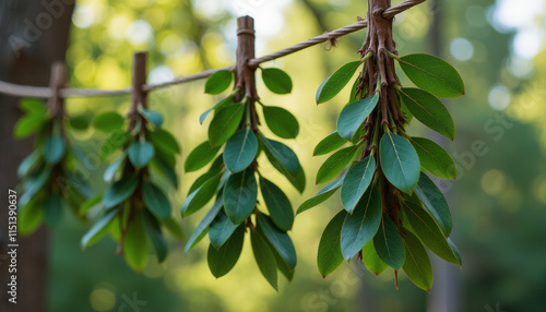 Fresh Green Leaves Hanging on a Twine photo