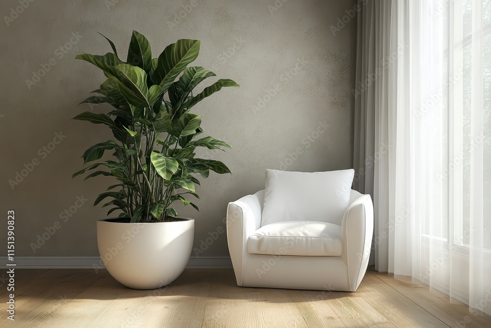 Minimalist living room corner with armchair and large potted plant. Minimalist living room corner with armchair and large potted plant.