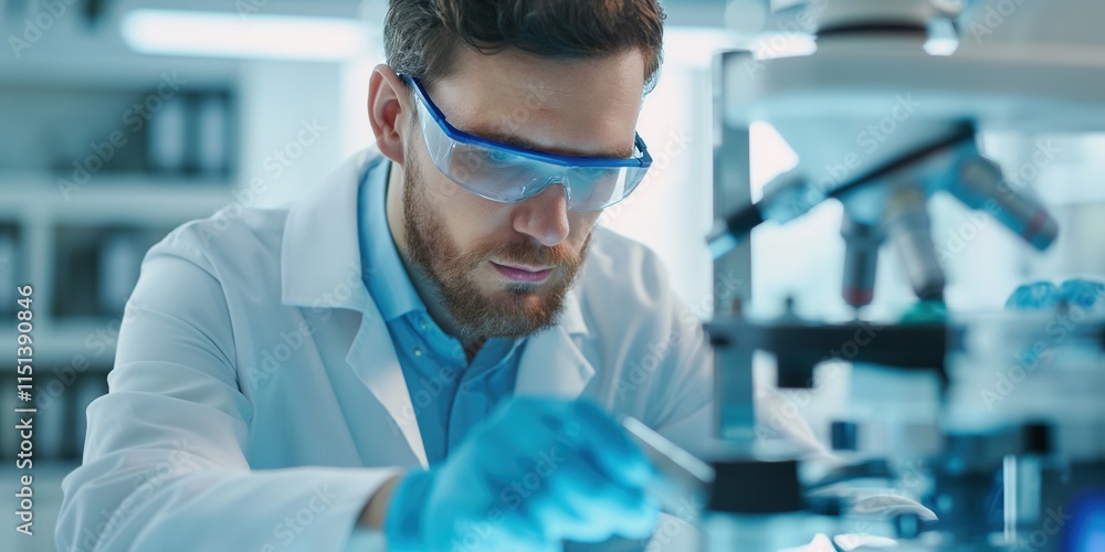 A focused scientist in a lab coat examines samples under a microscope, showcasing the precision and dedication required in scientific research. A focused scientist in a lab coat examines samples under a microscope, showcasing the precision and dedication required in scientific research.