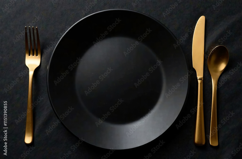 Black plate paired with a golden fork and knife. A stylish table setting. Isolated on white background Black plate paired with a golden fork and knife. A stylish table setting. Isolated on white background