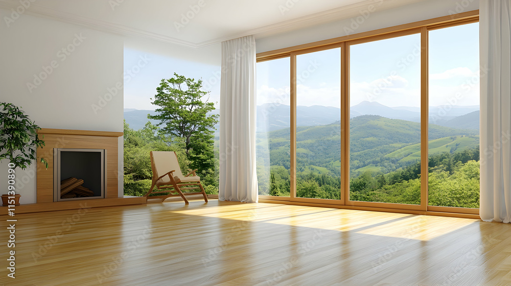 Fototapeta premium Mountain view living room relaxation; wooden floor, fireplace, chair, sunny day; real estate, home design.