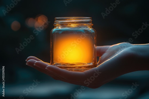 Close-up of a hand holding a blank glass jar mockup with a glowing golden gradient background for luxury branding,copy space background photo