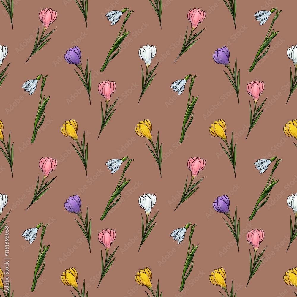 Colorful Crocuses with Snowdrops Seamless Pattern Small Design on Mocha Mousse Background for Wrapping Paper and Prints Colorful Crocuses with Snowdrops Seamless Pattern Small Design on Mocha Mousse Background for Wrapping Paper and Prints
