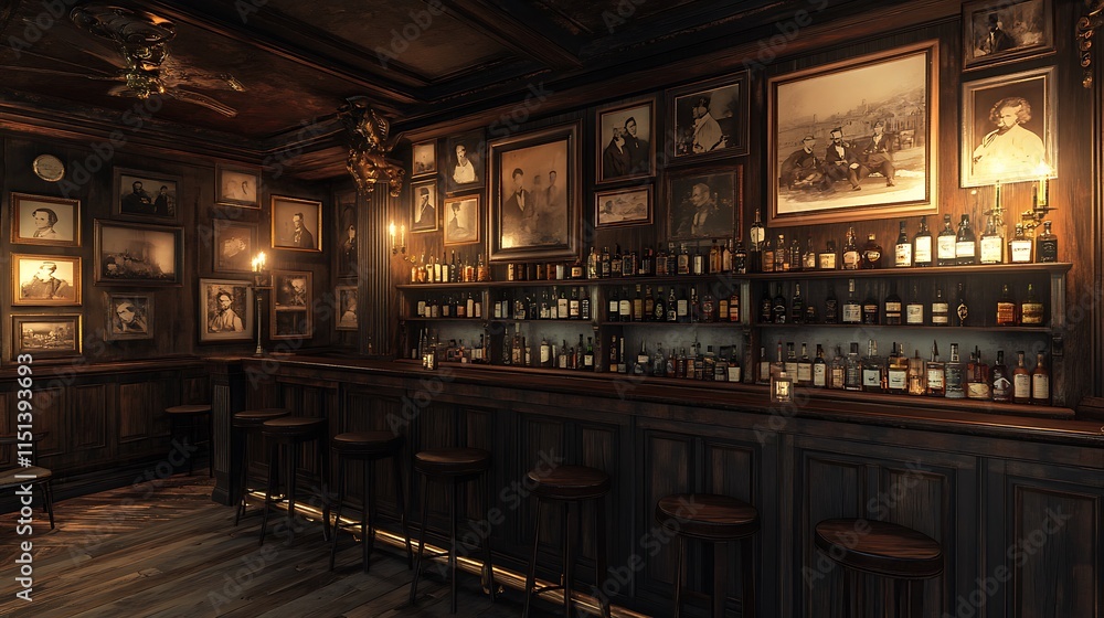 Fototapeta premium A vintage-style bar showcasing a gallery wall of old sepia photographs, warm glowing sconces, dark wood furniture, antique bottles lined up on shelves, and a cozy, nostalgic ambiance, hd quality,