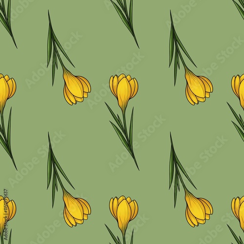 Elegant Yellow Crocuses Seamless Pattern Small Design on Green Background for Stationery and Wrapping Paper