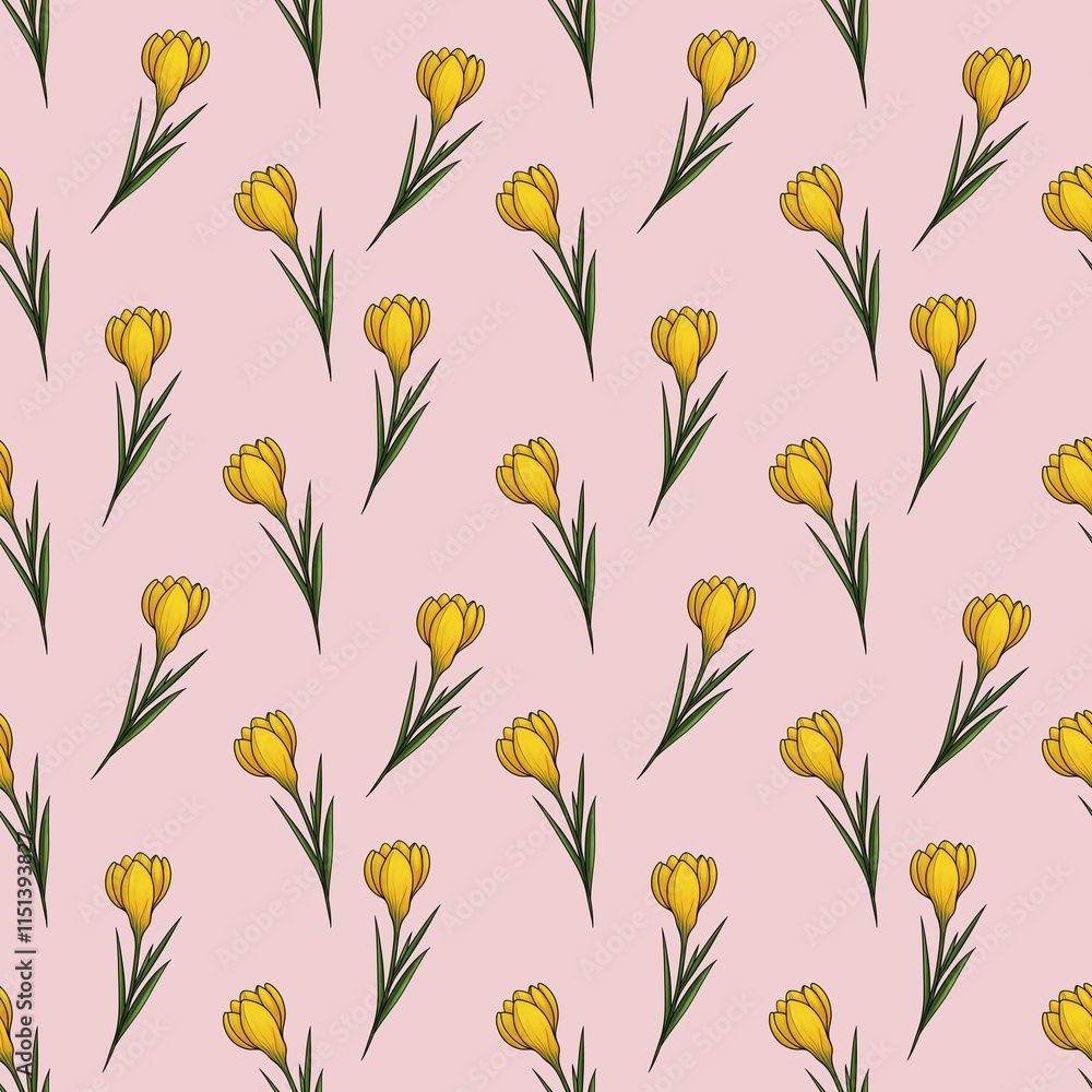 Yellow Crocuses Seamless Pattern Small Design on Pastel Pink Background for Prints, Fabrics, and Wrapping Paper Yellow Crocuses Seamless Pattern Small Design on Pastel Pink Background for Prints, Fabrics, and Wrapping Paper