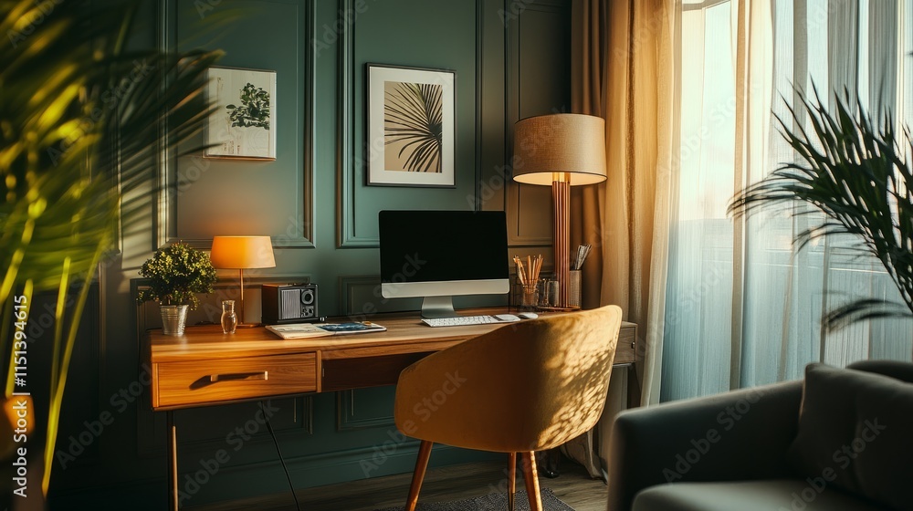 Professional podcasting microphone on a sleek desk, surrounded by muted tones and elegant decor in a home studio Professional podcasting microphone on a sleek desk, surrounded by muted tones and elegant decor in a home studio