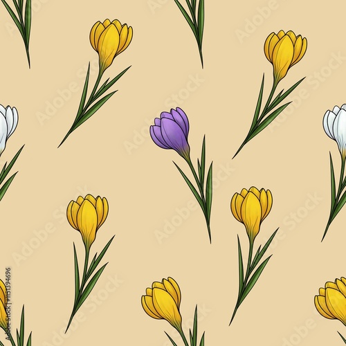 Yellow, White, and Purple Crocuses Seamless Pattern Big Design on Pastel Yellow Background for Fabrics and Stationery