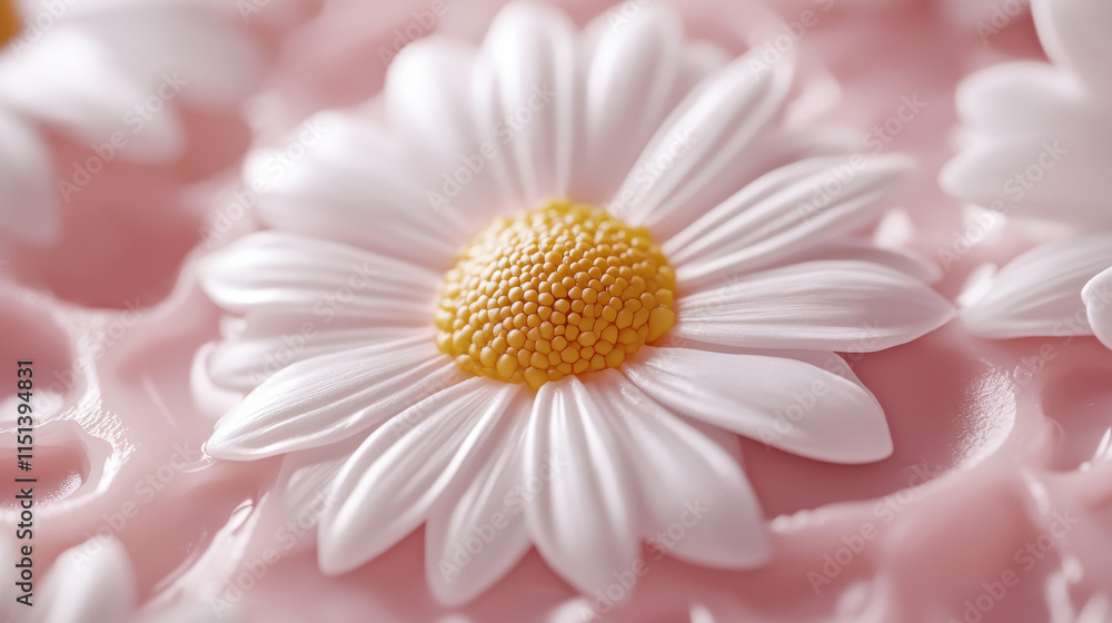 A wax seal showcasing a daisy with crisp white petals and bright yellow center, resting on pale pink wax, embossed in high detail against a white background. The design features delicate textures A wax seal showcasing a daisy with crisp white petals and bright yellow center, resting on pale pink wax, embossed in high detail against a white background. The design features delicate textures