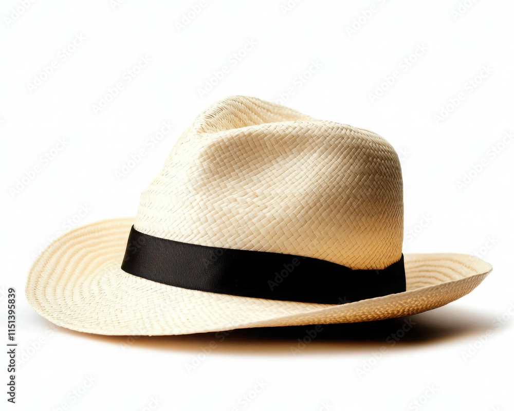 Stylish straw hat with a black ribbon for summer outings. Stylish straw hat with a black ribbon for summer outings.