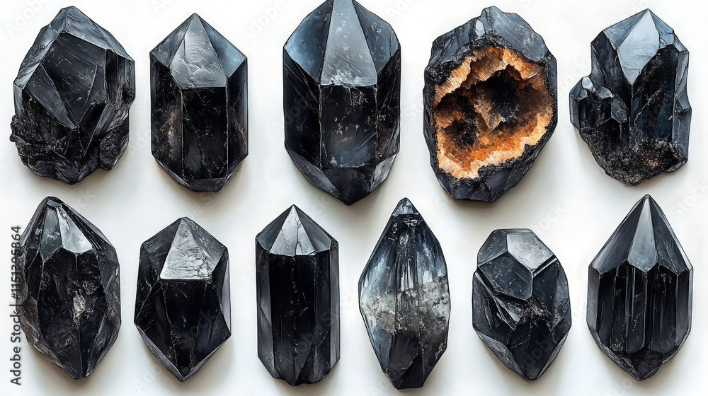 collection of polished black gemstones arranged neatly on a light background, highlighting their reflective surfaces and intricate patterns. Some stones have natural inclusions and unique textures collection of polished black gemstones arranged neatly on a light background, highlighting their reflective surfaces and intricate patterns. Some stones have natural inclusions and unique textures