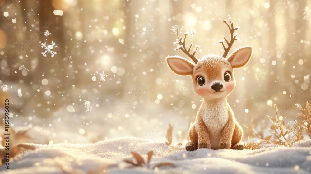 Adorable Reindeer Fawn Sitting in Snowy Winter Forest Scene. Adorable Reindeer Fawn Sitting in Snowy Winter Forest Scene.