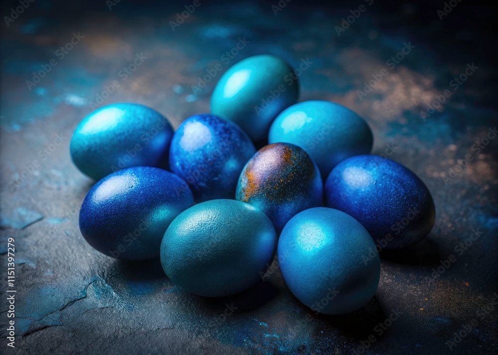 Blue Easter Eggs Low Light Photography, Dark Moody Easter Background, Colorful Egg Photoshoot Blue Easter Eggs Low Light Photography, Dark Moody Easter Background, Colorful Egg Photoshoot