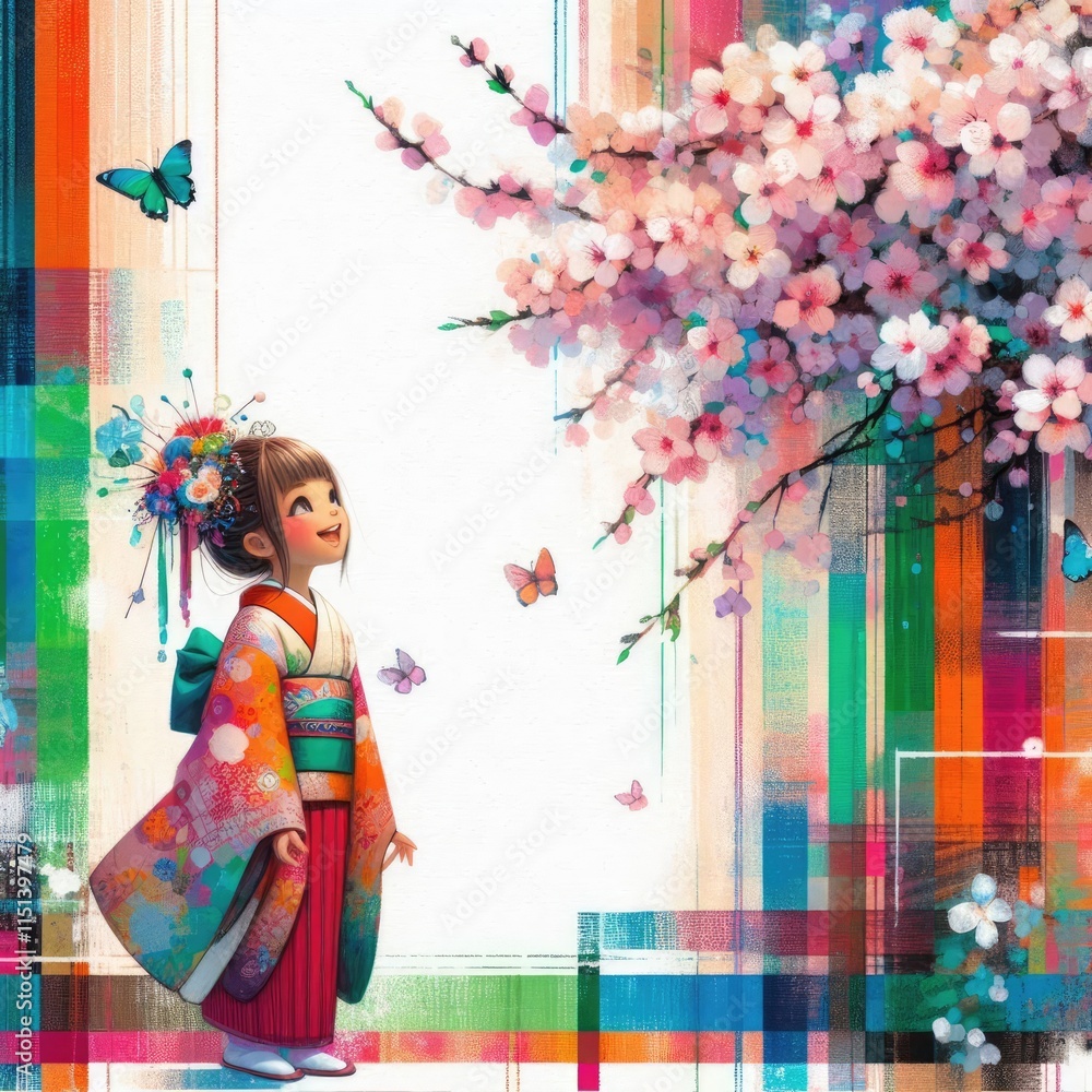 Young Japanese Girl in Kimono Admiring Cherry Blossoms with Butterflies with Generative AI. Young Japanese Girl in Kimono Admiring Cherry Blossoms with Butterflies with Generative AI.