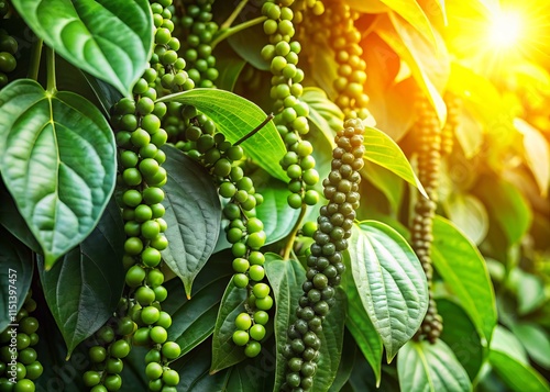 Aerial View of Peppercorn Vines: Lush Green Foliage & Black Berries