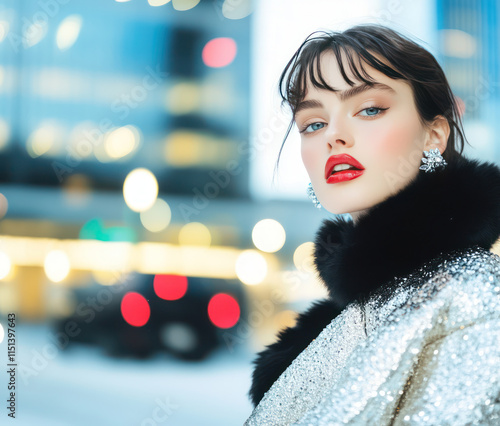 Wallpaper Mural glamorous woman poses confidently in stylish coat, showcasing bold red lips and sparkling earrings against blurred urban backdrop. Her expression exudes elegance and sophistication Torontodigital.ca