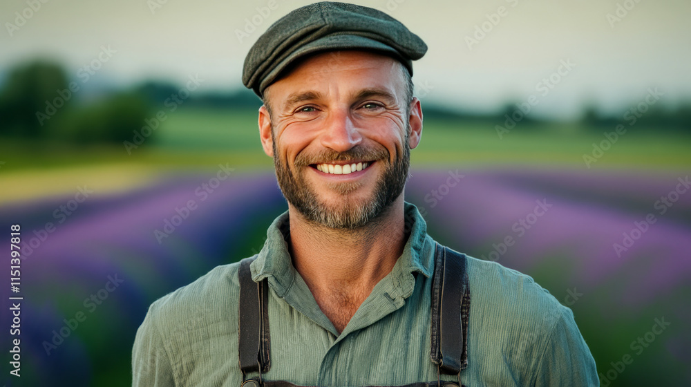Smiling caucasian male farmer in lavender field with cap Smiling caucasian male farmer in lavender field with cap