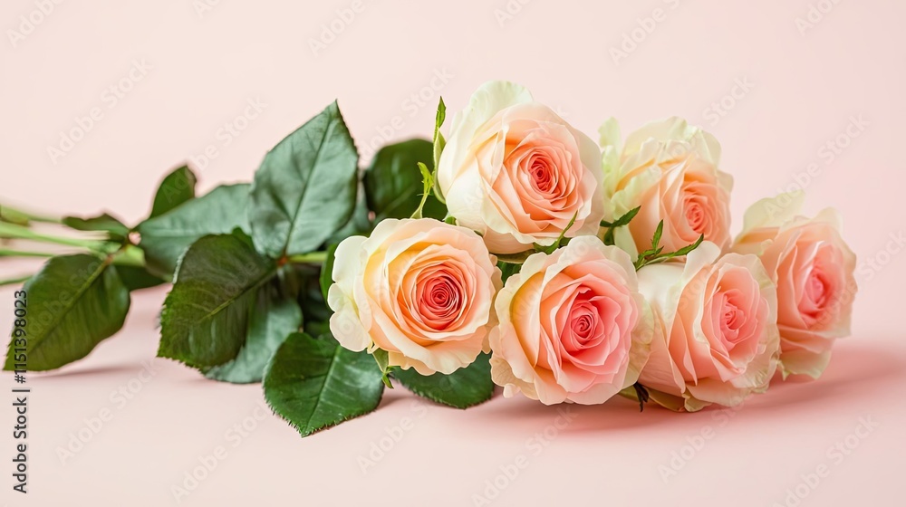 Naklejka premium Pastel rose idea. A beautiful bouquet of pink and cream roses on a soft pink background.