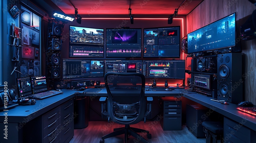 A busy video editor's desk with multiple monitors, video clips and timelines on the screens, a comfortable chair, RGB lighting accents, and neatly arranged professional editing tools. --ar 16:9 A busy video editor's desk with multiple monitors, video clips and timelines on the screens, a comfortable chair, RGB lighting accents, and neatly arranged professional editing tools. --ar 16:9