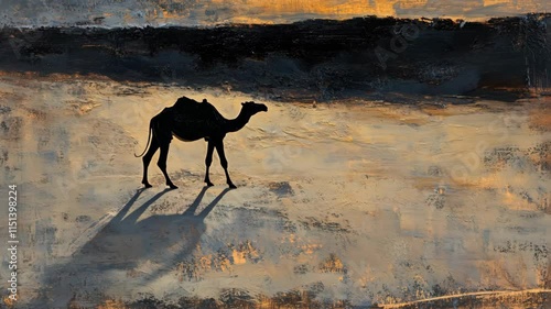 12w Golden hour in the desert, a solitary camel casting a pic photo