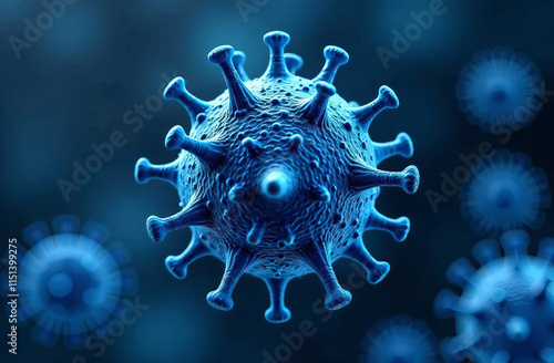 Blue virus with textured spikes, illustrating a detailed microscopic organism or pathogen. 