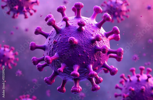 Pink virus with textured spikes, illustrating a detailed microscopic organism or pathogen. 