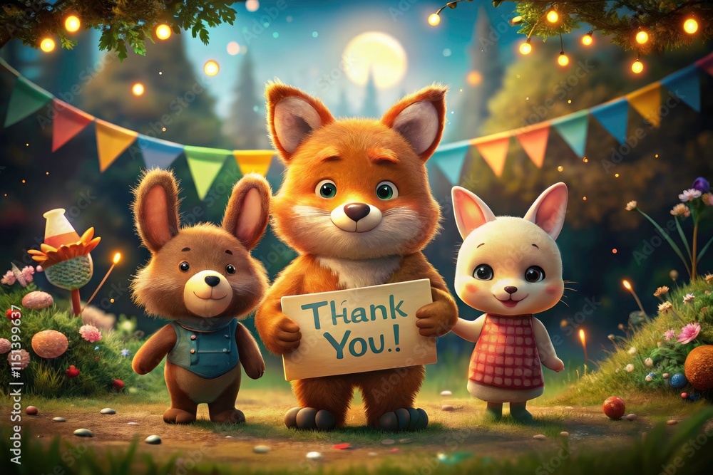 Fototapeta premium Cute Animals Thank You Aerial Photo - Fox, Bear, Bunny, Festive Bunting, Gratitude