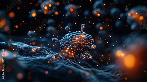 Epilepsy disease concept. Close-up view of a virus with detailed structure and glowing elements in a dark environment.