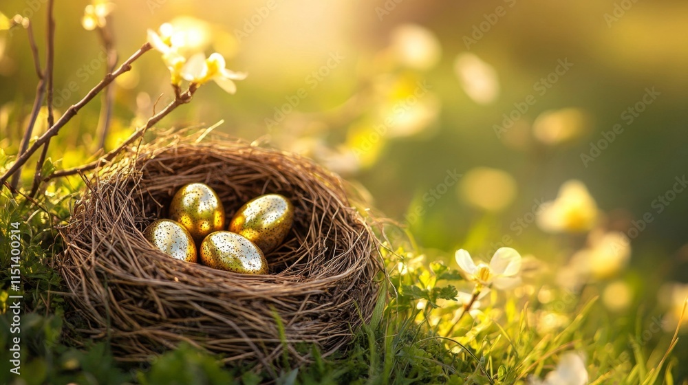 Golden eggs nestled in a birds nest springtime setting Golden eggs nestled in a birds nest springtime setting