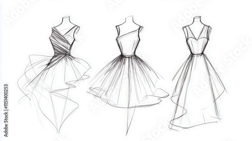 Elegant fashion sketches of three unique dress designs