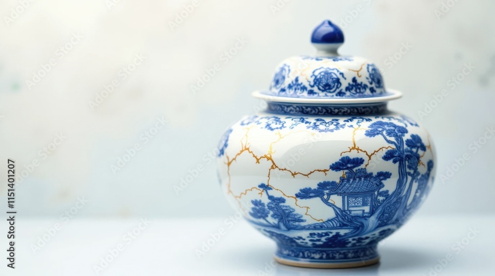 Blue and White Porcelain with Golden Cracks Blue and White Porcelain with Golden Cracks