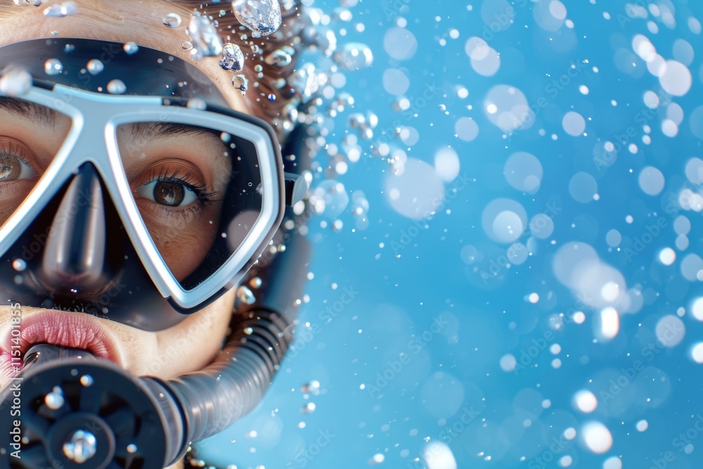 Close-up of female scuba diver underwater with goggles and bubbles Close-up of female scuba diver underwater with goggles and bubbles