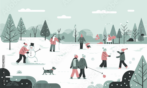 Vector illustration of a snowy park with people engaging in various winter activities, easily editable.