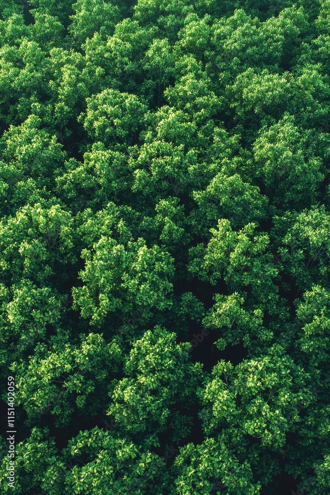 Dense lush green forest landscape from above with abundant foliage Dense lush green forest landscape from above with abundant foliage