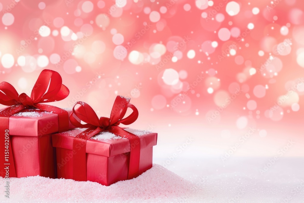 Red gift boxes with satin ribbons in snow on festive bokeh background Red gift boxes with satin ribbons in snow on festive bokeh background