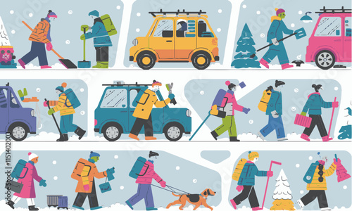 Vector illustration of a snowy park with people engaging in various winter activities, easily editable.
