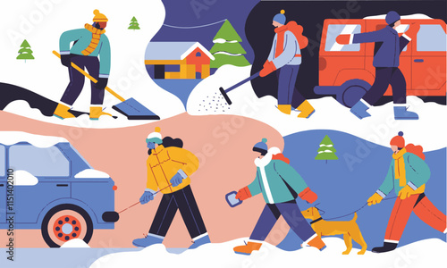 Vector illustration of a snowy park with people engaging in various winter activities, easily editable.